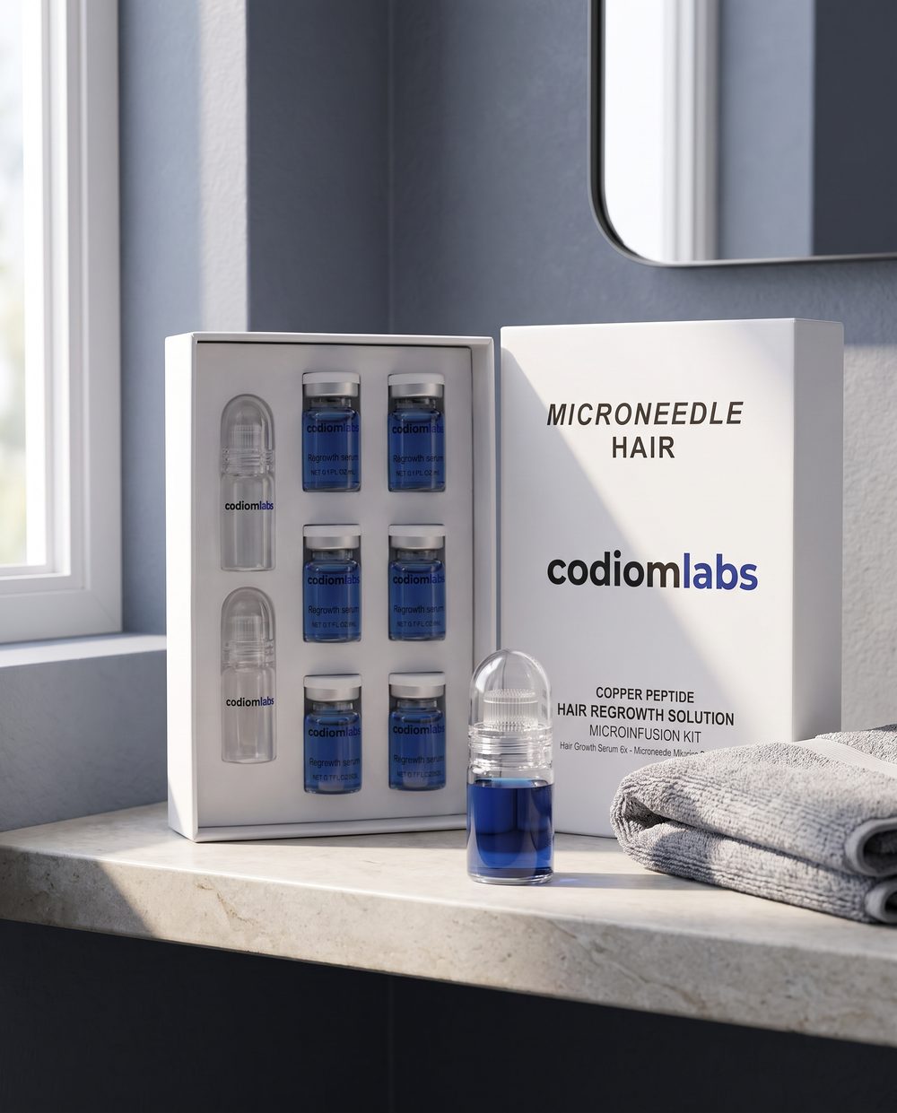 The Codiom Labs kit on a bathroom shelf